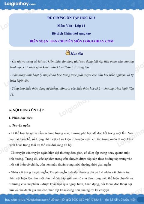 ĐỀ CƯƠNG ÔN TẬP HK2 Văn 11 Chân trời sáng tạo có đáp án